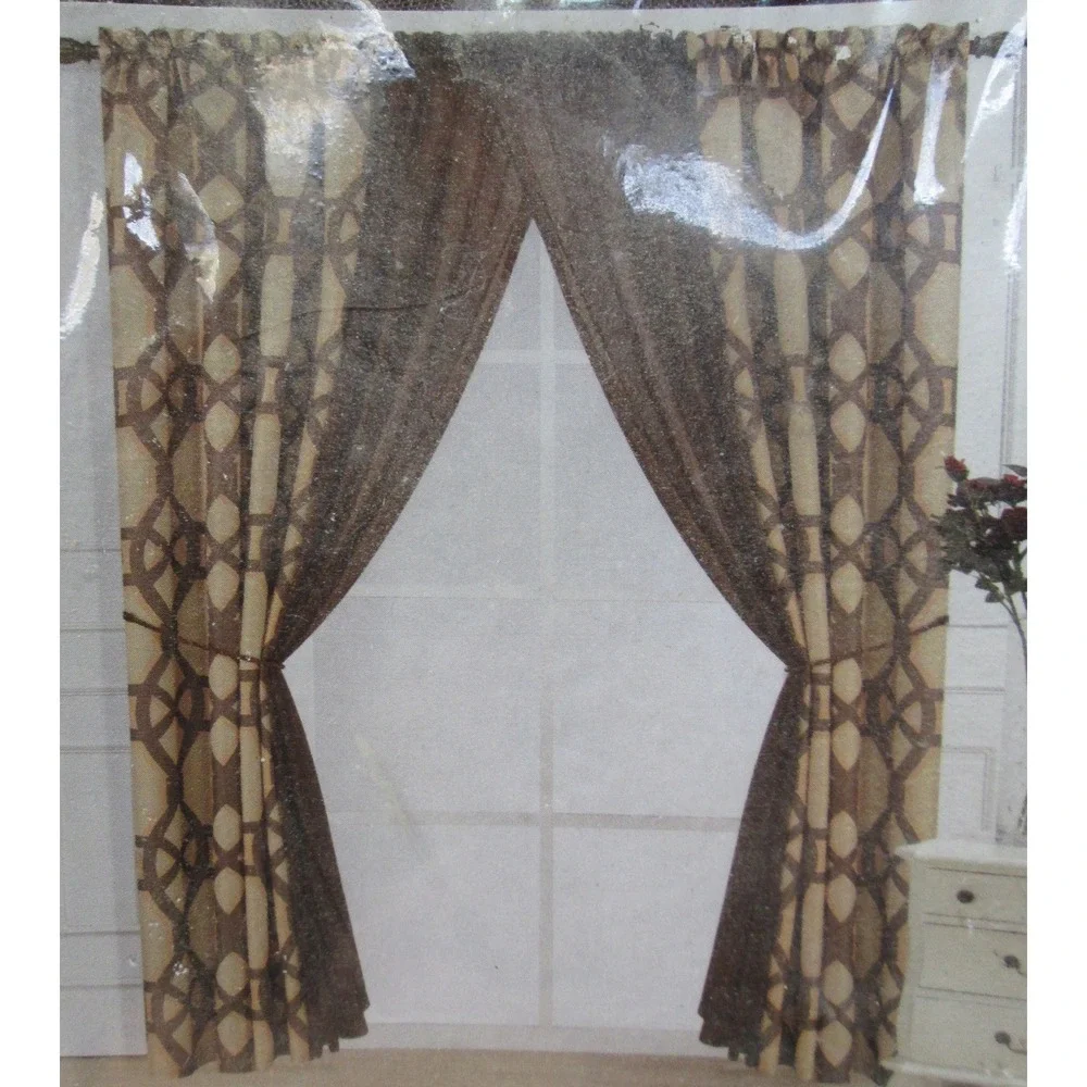 NEW Beatrice Home Fashions Inc 6pc Window Set Chocolate Brown w/ Chocolate Sheer